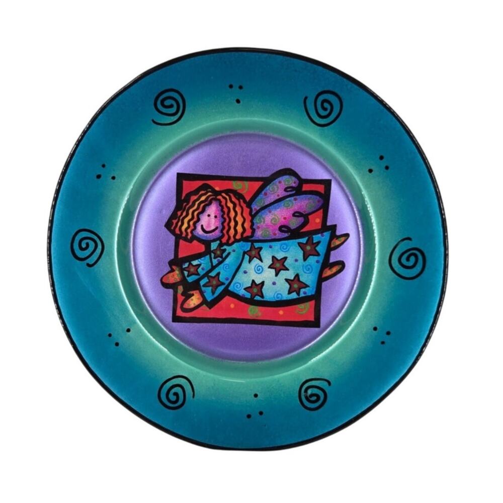 SEVUPLATES UNIQUE HAND-PAINTED GLASS DECORATIVE 9.5" PLATE – ANGEL STARS DESIGN